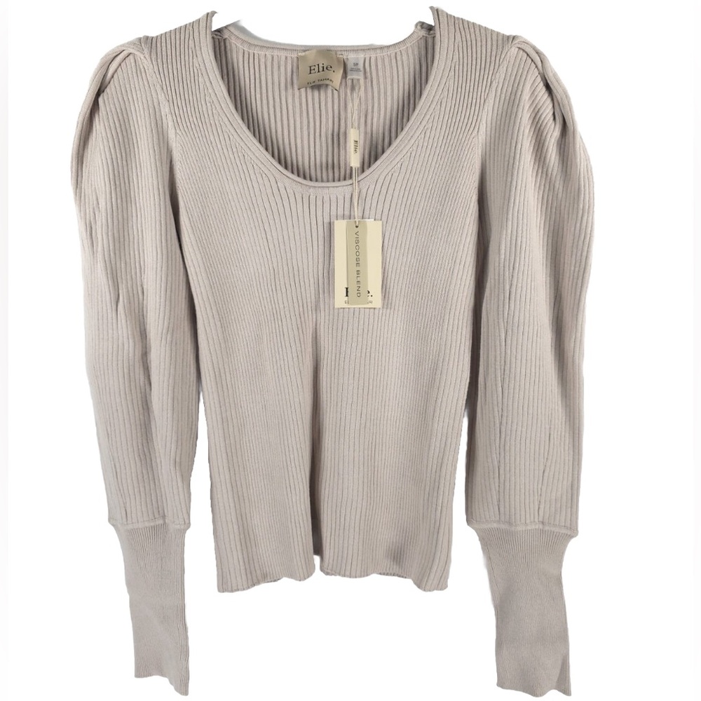 NWT ELIE.‎ ELIE TAHARI Puff Sleeve Ribbed Slimming Pullover Sweater Size S & M